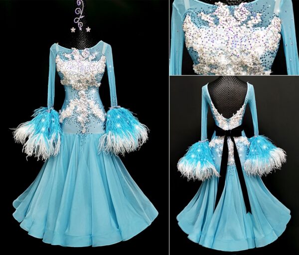 Blue ballroom and smooth dance dress with petals and feathers, with or without floats - Image 3