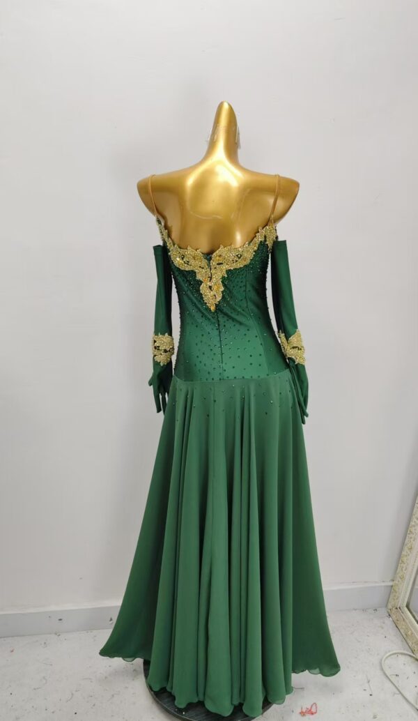 Emerald green smooth dance dress with golden color leaves with crystals and slit - Image 2