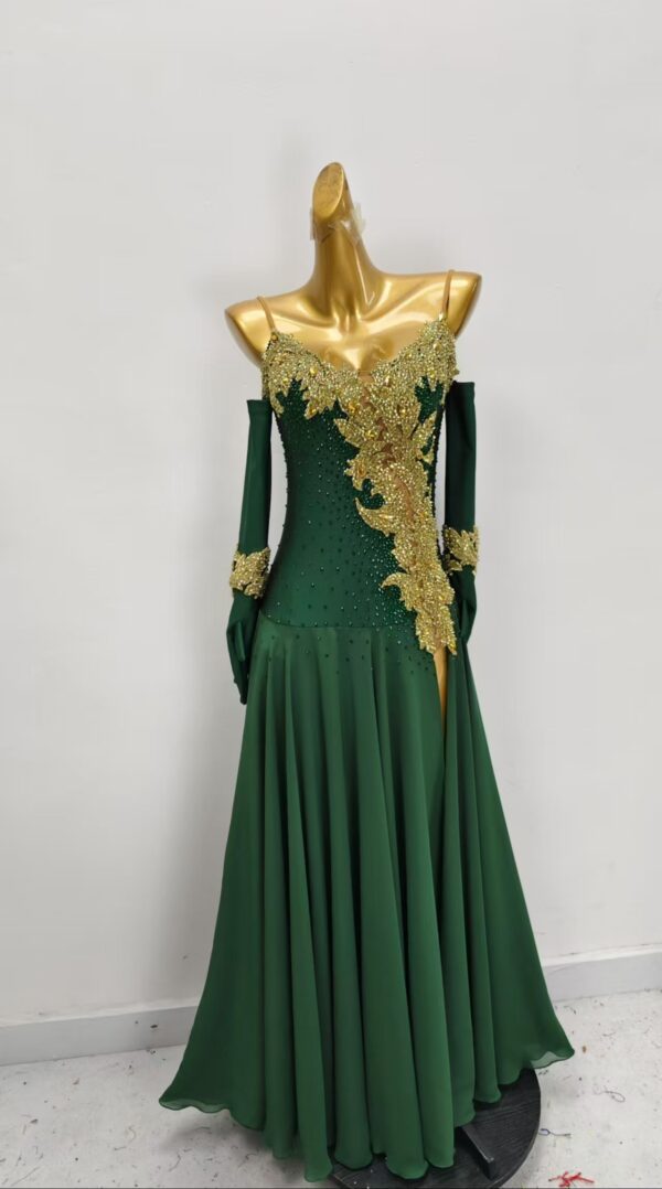 Emerald green smooth dance dress with golden color leaves with crystals and slit