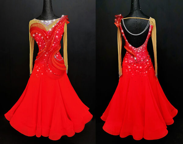 Red ballroom and smooth dance dress with Swarovski crystals and curvy horsehair details