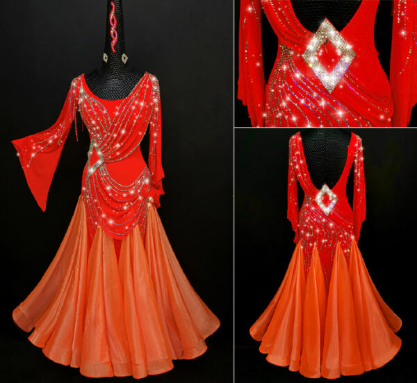Red and orange ballroom and smooth dance dress with curvy details
