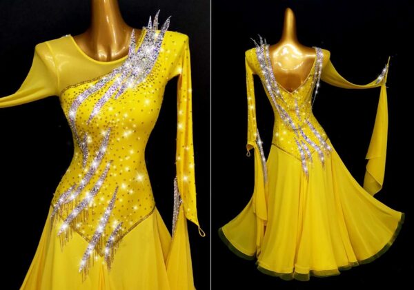 Yellow ballroom and smooth dance dress with beaded fringe, with or without floats - Image 2