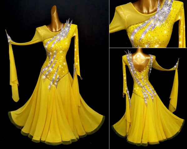 Yellow ballroom and smooth dance dress with beaded fringe, with or without floats