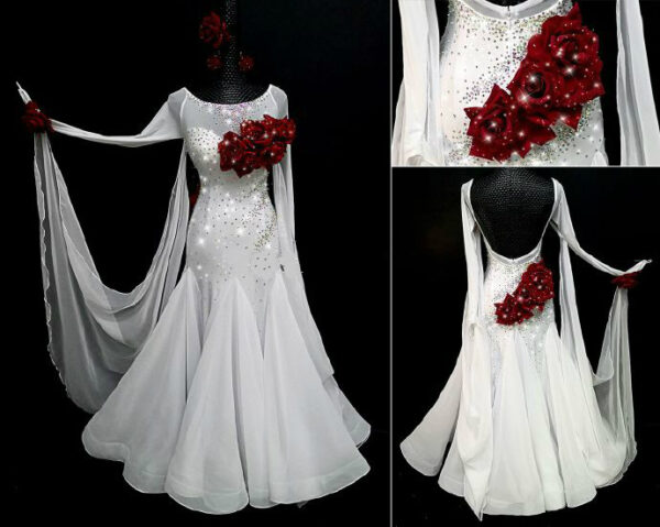 White ballroom and smooth dance dress with red roses, with or without floats - Image 3