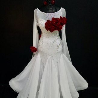 white ballroom dress with red roses