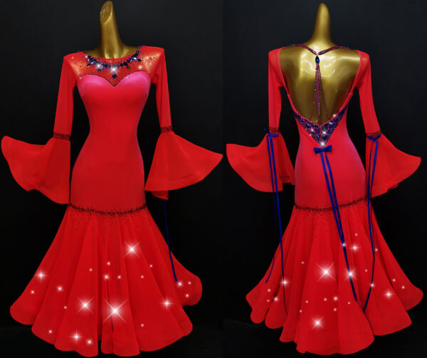 Red velvet ballroom and smooth dance dress with bell sleeves and open back