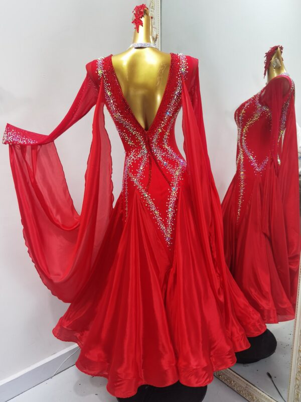 Red ballroom and smooth dance dress with crystals, with or without floats - Image 2