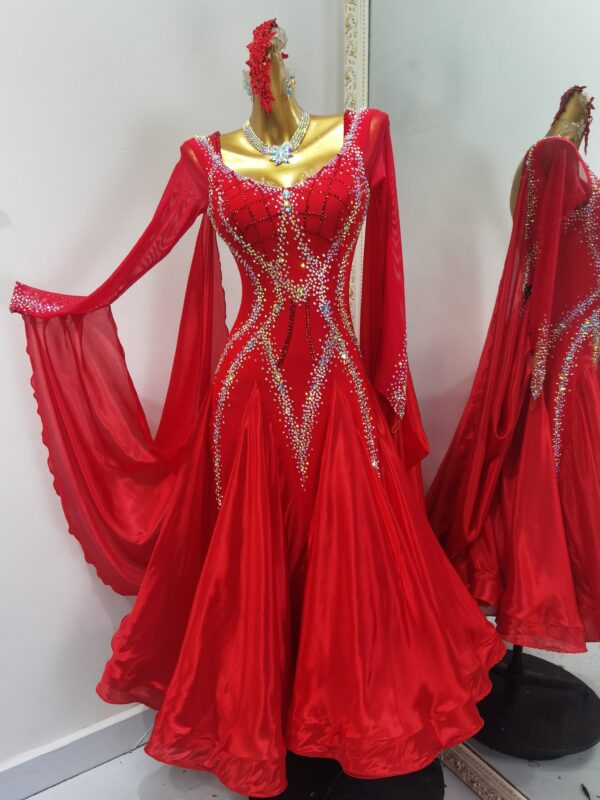 Red ballroom and smooth dance dress with crystals, with or without floats