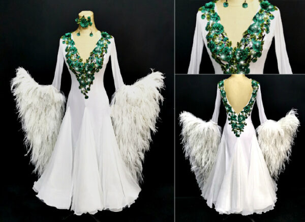 White ballroom and smooth dance dress with appliques and bell sleeves with feathers