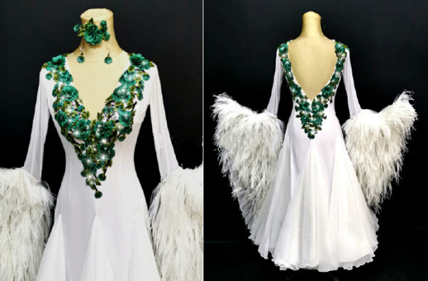 White ballroom and smooth dance dress with appliques and bell sleeves with feathers - Image 2