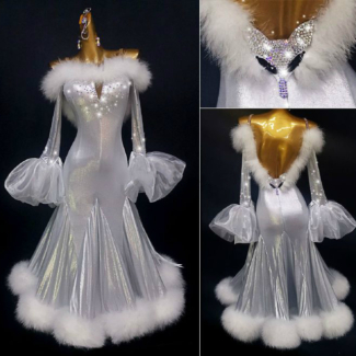 silver ballroom dance dress with feathers