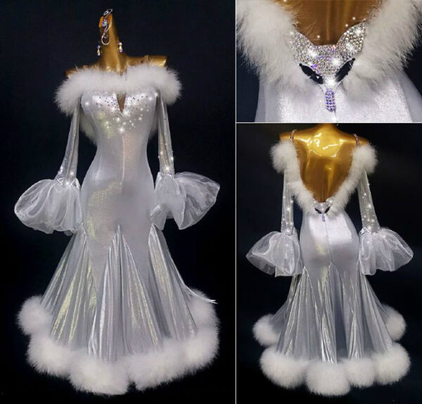 Silver ballroom and smooth dance dress with bell sleeves and white feathers