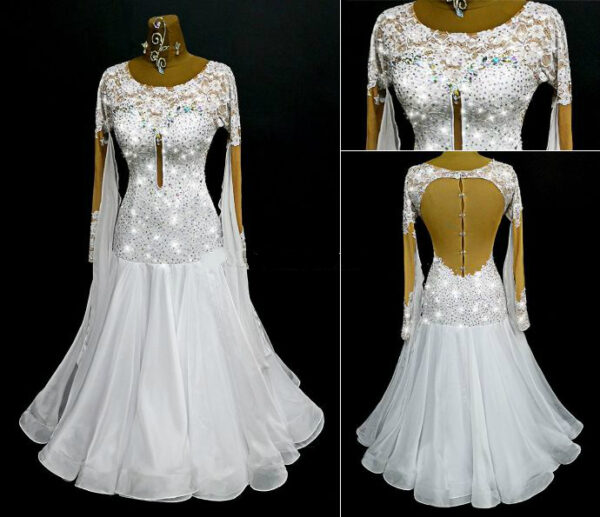 White ballroom and smooth dance dress with lace, with or without floats