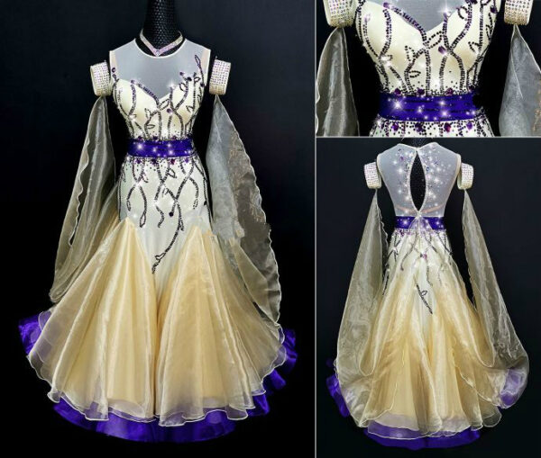 White ballroom and smooth dance dress with purple stones, with or without floats