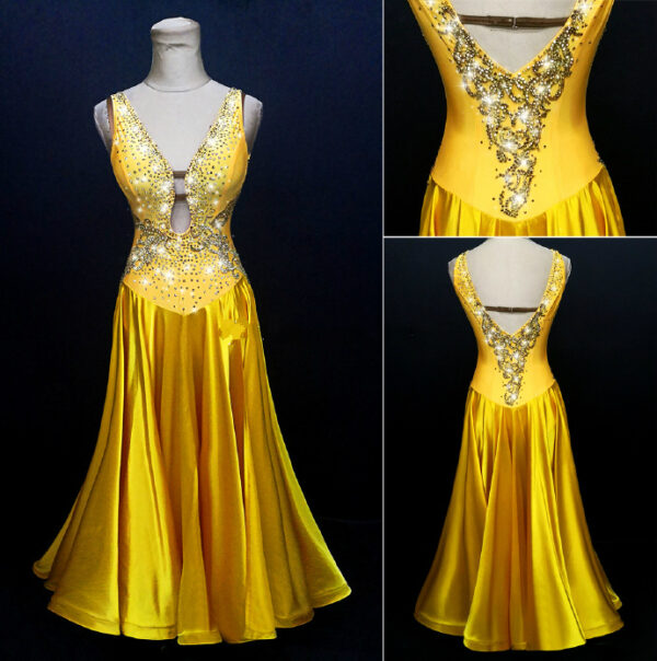 Golden ballroom and smooth dance dress with appliques