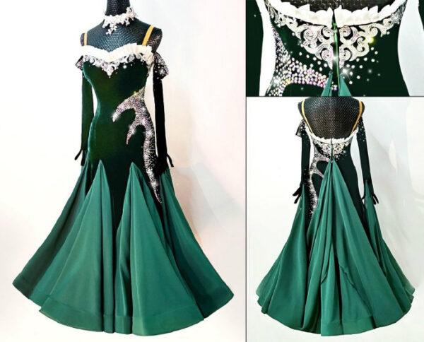 Dark green velvet ballroom and smooth dance dress with appliques and crystals, with or without floats