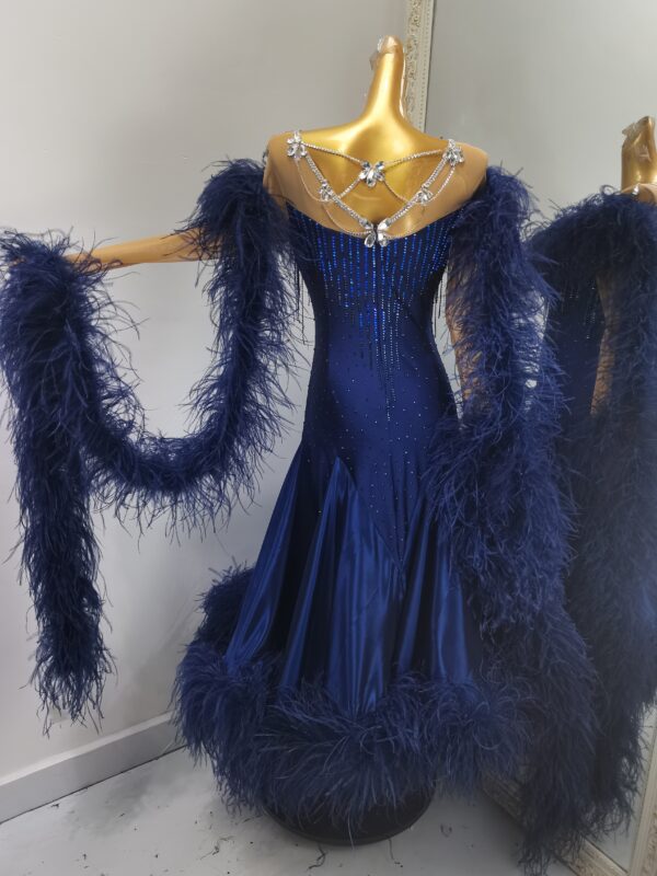 Dark blue ballroom and smooth dance dress with ostrich feathers, with or without floats - Image 2