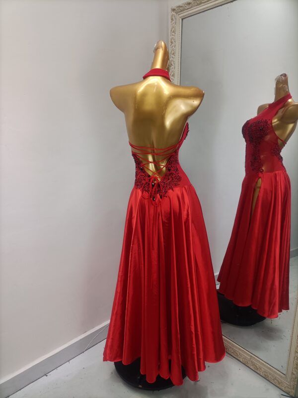 Red smooth dance dress with slits and appliques - Image 2