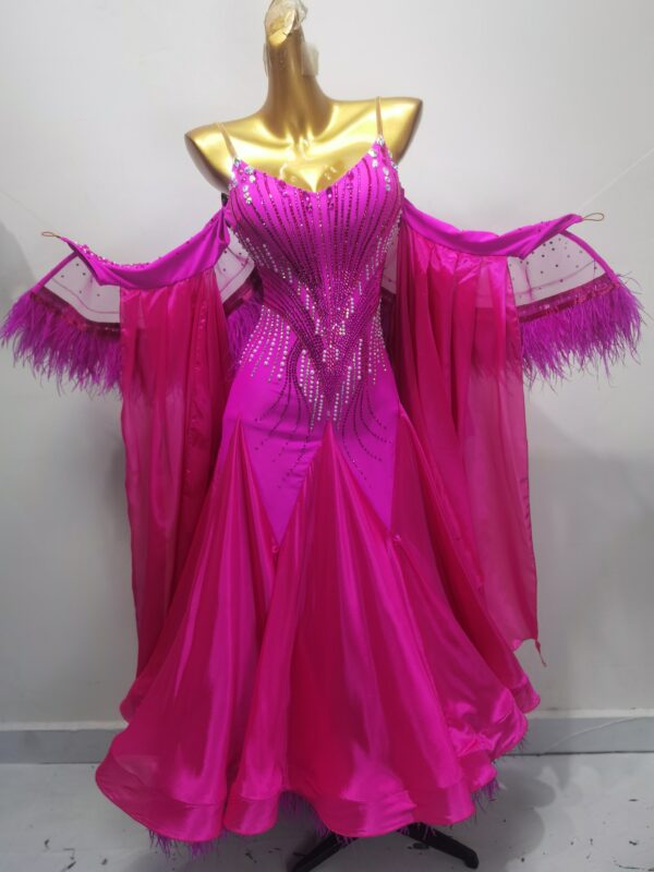 Fuchsia pink ballroom and smooth dance dress with feathers, with or without floats