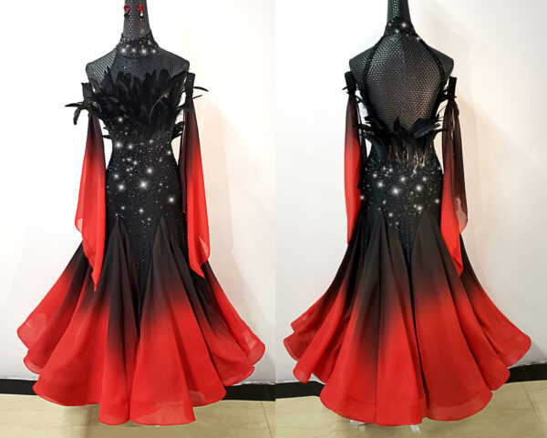 Ombre black and red ballroom and smooth dance dress with feathers, with or without floats