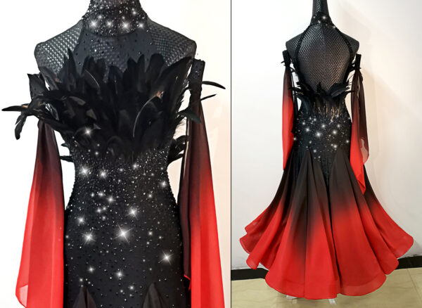 Ombre black and red ballroom and smooth dance dress with feathers, with or without floats - Image 2