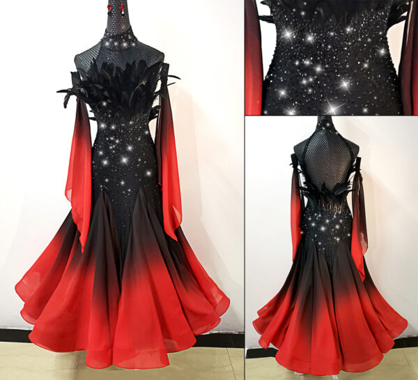 Ombre black and red ballroom and smooth dance dress with feathers, with or without floats - Image 3