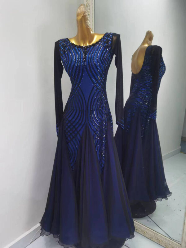 Dark blue ballroom and smooth dance dress with sequins, with or without floats