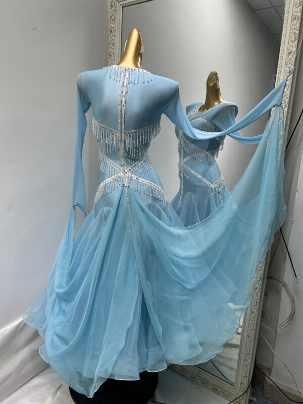 Light blue ballroom and smooth dance dress with beaded fringe, with or without floats - Image 2