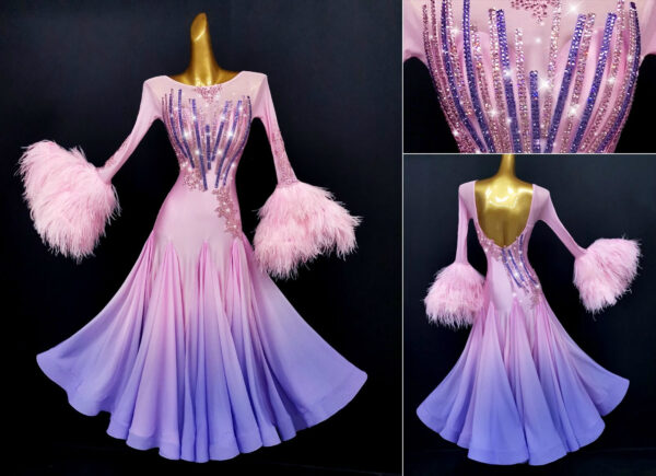 Ombre pink and purple ballroom and smooth dance dress with feathers, with or without floats
