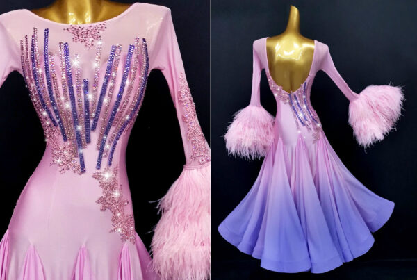 Ombre pink and purple ballroom and smooth dance dress with feathers, with or without floats - Image 2