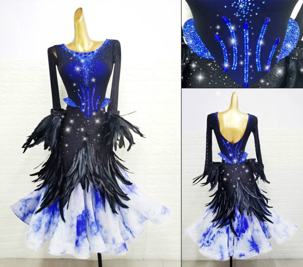 Blue and black ballroom and smooth dance dress with feathers, with or without floats