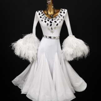 white ballroom dance dress with feathers