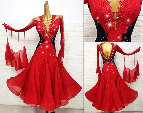 Red ballroom and smooth dance dress with black lace patterns, with or without floats