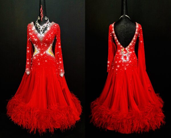 Red ballroom and smooth dance dress with feathers, with or without floats - Image 3