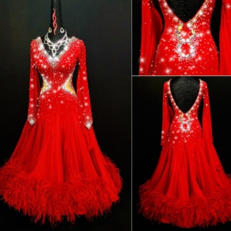 red ballroom dance dress with feathers