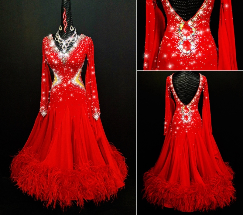 B0069-front red ballroom dance dress with feathers