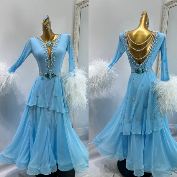 Blue ballroom and smooth dance dress with feathers and pearls - Image 3