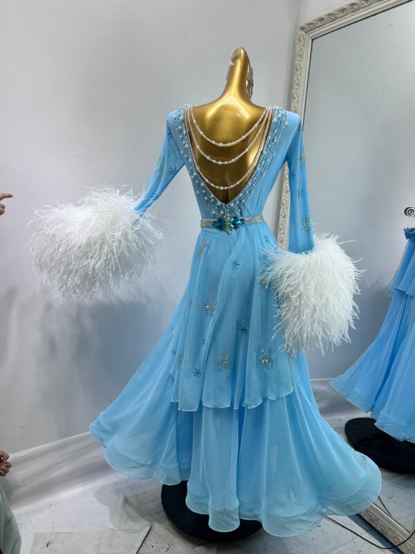 Blue ballroom and smooth dance dress with feathers and pearls - Image 2