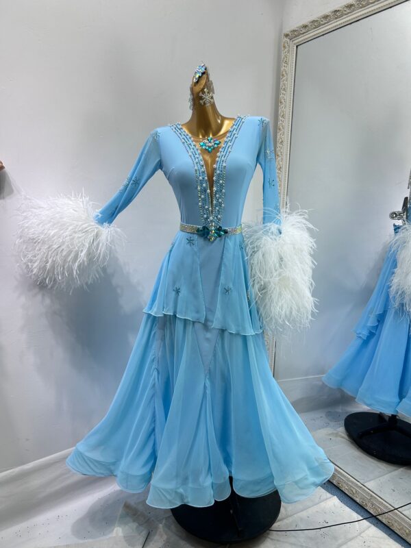 Blue ballroom and smooth dance dress with feathers and pearls