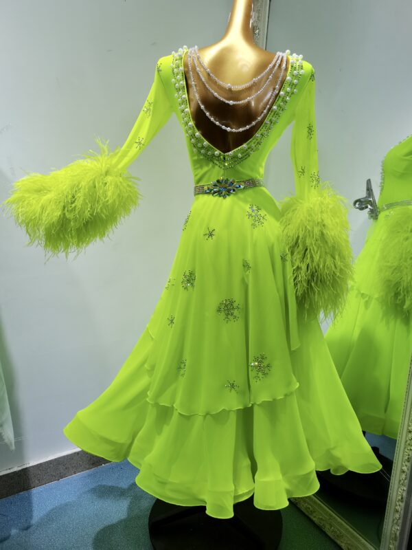 Neon green ballroom and smooth dance dress with feathers and pearls - Image 2