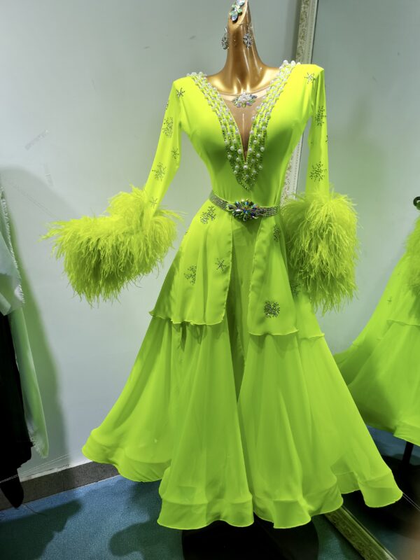 Neon green ballroom and smooth dance dress with feathers and pearls