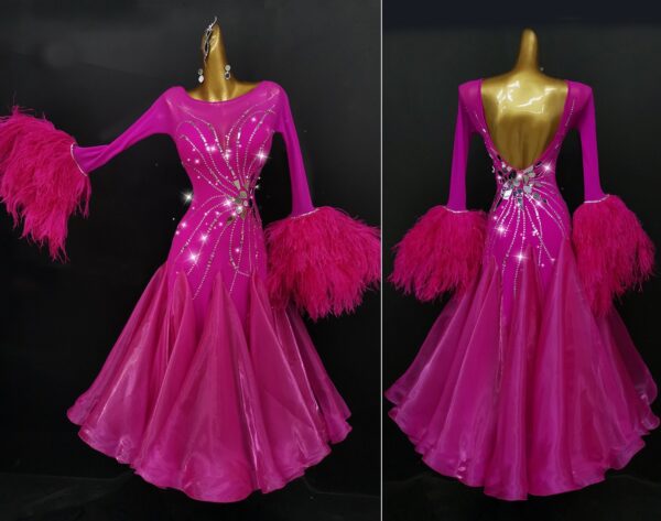 Fuchsia pink ballroom and smooth dance dress with feathers, with or without floats - Image 3