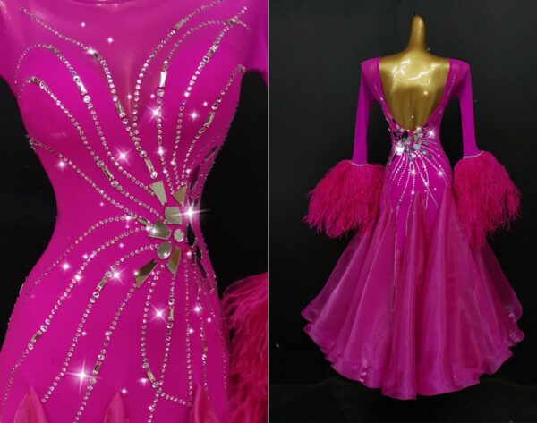 Fuchsia pink ballroom and smooth dance dress with feathers, with or without floats - Image 2