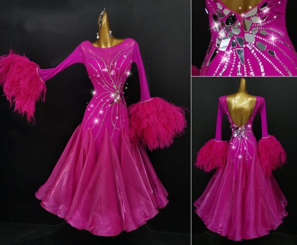 Fuchsia pink ballroom and smooth dance dress with feathers, with or without floats