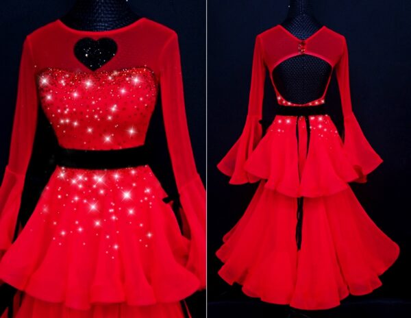 Red ballroom and smooth dance dress with organza skirt - Image 2