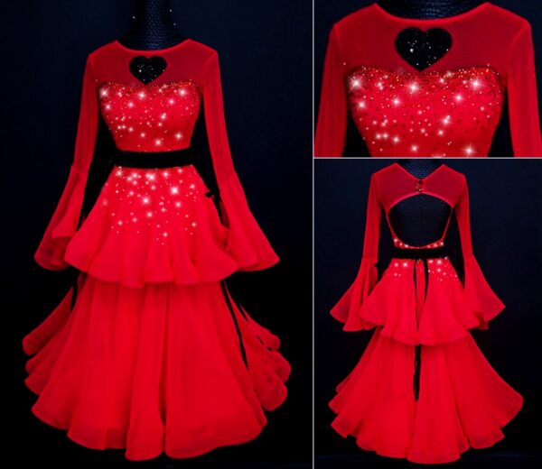 Red ballroom and smooth dance dress with organza skirt