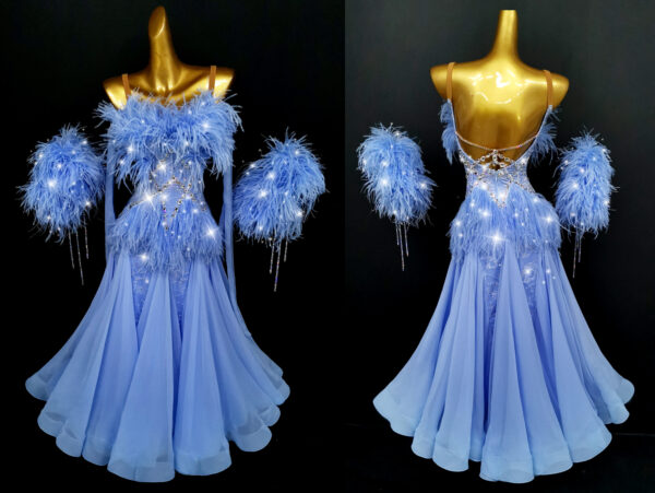 Blue and black ballroom and smooth dance dress with feathers, with or without floats - Image 3