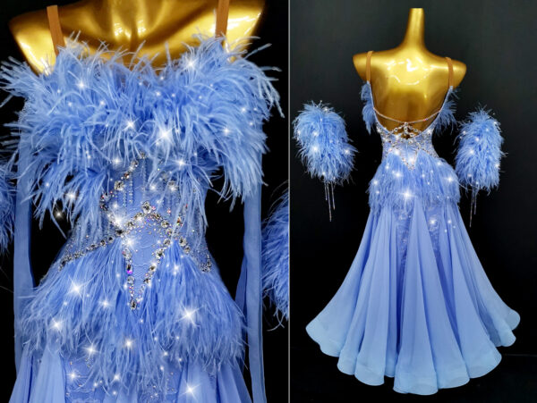 Blue and black ballroom and smooth dance dress with feathers, with or without floats - Image 2