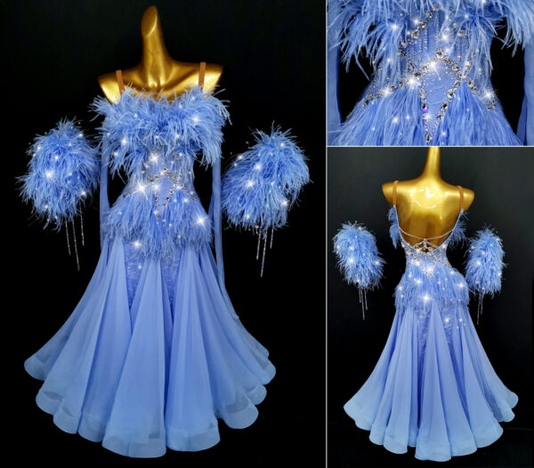 Blue and black ballroom and smooth dance dress with feathers, with or without floats