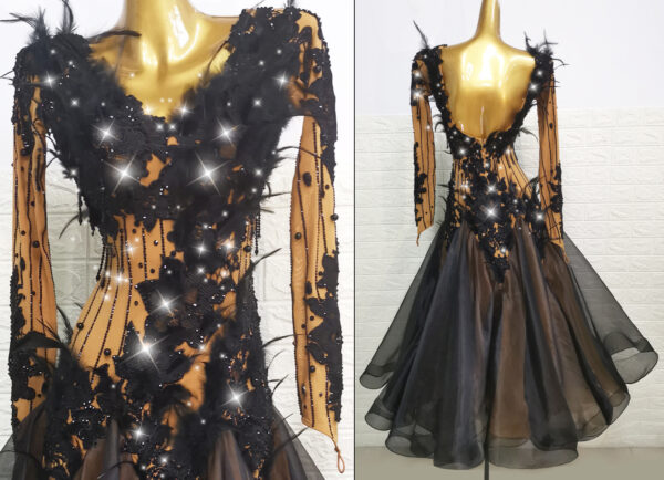 Nude color ballroom and smooth dance dress with black lace - Image 2